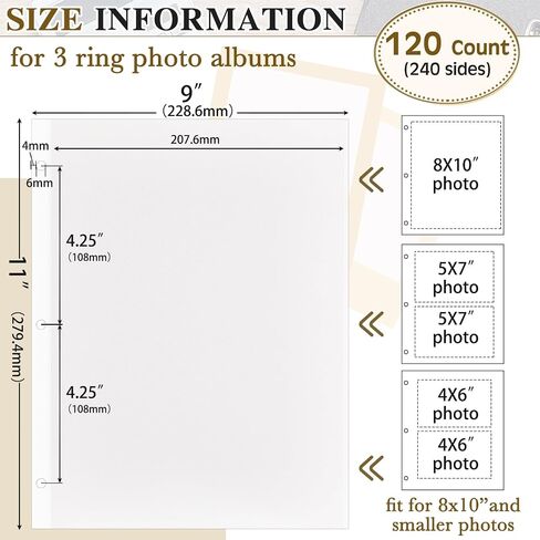 Chuangdi 120 Pcs Photo Album Pages 9 x 11 Inch Self Adhesive Double Sided 3 Hole Punched Photo Mounting Sheets Photo Sleeves for 3 Ring Binder Refill Photo Album Sheets, Binder Not Included in Saudi Arabia