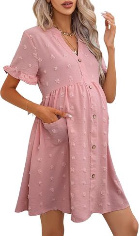 KOJOOIN Maternity Swiss Dot Dress Summer V Neck Short Sleeve Button Down Mini Dress Baby Shower Photoshoot with Pockets in Saudi Arabia