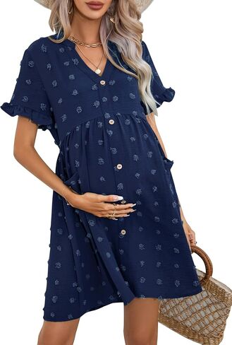 KOJOOIN Maternity Swiss Dot Dress Summer V Neck Short Sleeve Button Down Mini Dress Baby Shower Photoshoot with Pockets in Saudi Arabia