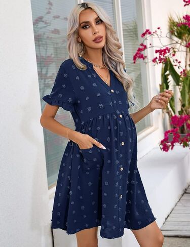 KOJOOIN Maternity Swiss Dot Dress Summer V Neck Short Sleeve Button Down Mini Dress Baby Shower Photoshoot with Pockets in Saudi Arabia