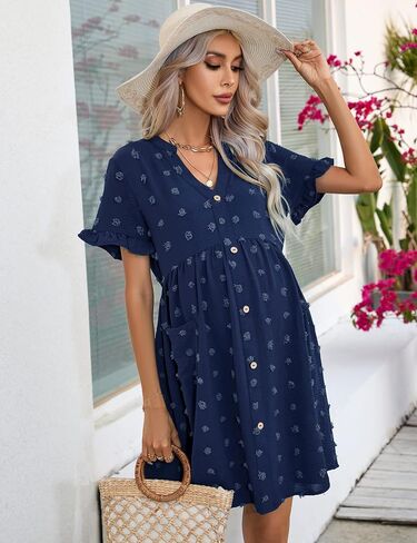 KOJOOIN Maternity Swiss Dot Dress Summer V Neck Short Sleeve Button Down Mini Dress Baby Shower Photoshoot with Pockets in Saudi Arabia