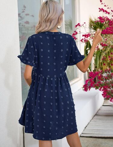 KOJOOIN Maternity Swiss Dot Dress Summer V Neck Short Sleeve Button Down Mini Dress Baby Shower Photoshoot with Pockets in Saudi Arabia