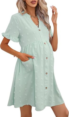 KOJOOIN Maternity Swiss Dot Dress Summer V Neck Short Sleeve Button Down Mini Dress Baby Shower Photoshoot with Pockets in Saudi Arabia