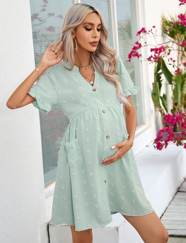 KOJOOIN Maternity Swiss Dot Dress Summer V Neck Short Sleeve Button Down Mini Dress Baby Shower Photoshoot with Pockets in Saudi Arabia
