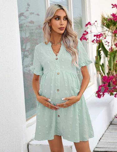 KOJOOIN Maternity Swiss Dot Dress Summer V Neck Short Sleeve Button Down Mini Dress Baby Shower Photoshoot with Pockets in Saudi Arabia