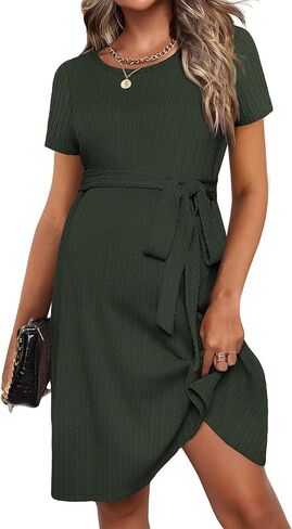 Ekouaer Women's Maternity Dress Short Sleeve Casual Pregnancy Dresses Rib Knit Crewneck Pregnant Clothes with Belt in Saudi Arabia