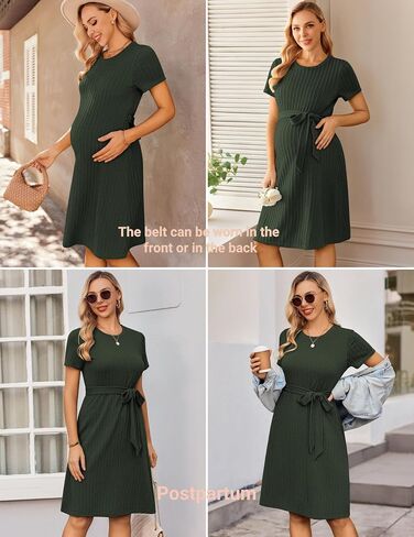 Ekouaer Women's Maternity Dress Short Sleeve Casual Pregnancy Dresses Rib Knit Crewneck Pregnant Clothes with Belt in Saudi Arabia