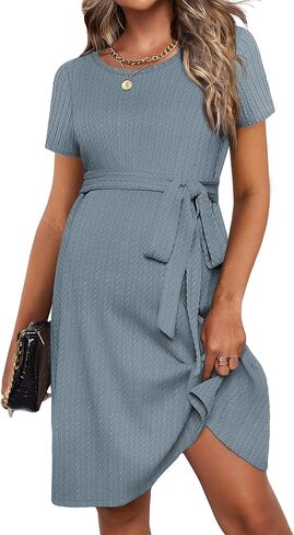 Ekouaer Women's Maternity Dress Short Sleeve Casual Pregnancy Dresses Rib Knit Crewneck Pregnant Clothes with Belt in Saudi Arabia
