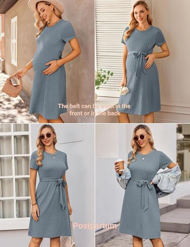 Ekouaer Women's Maternity Dress Short Sleeve Casual Pregnancy Dresses Rib Knit Crewneck Pregnant Clothes with Belt in Saudi Arabia
