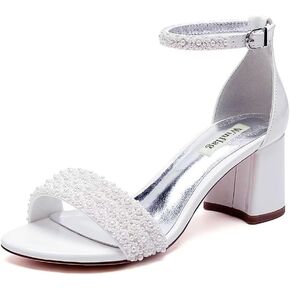 Low Block Heel Wedding Sandals Beaded Wedding Shoes for Bride Ankle Strap Bridal Heels