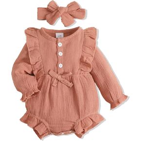 Renotemy Newborn Infant Baby Girl Clothes Cotton Linen Rompers Solid Ruffle Jumpsuits Infant Baby Clothes Girl
