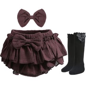 Newborn Baby Girl Cotton Skirts with Built-in Shorts Toddlers Ruffle Diaper Covers Infant Skorts with Bows Headband Set