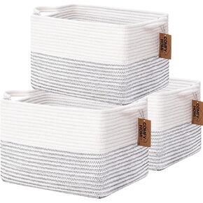 COMFY-HOMI 3-Pack Cotton Rope Woven Basket with Handles for Shelves, Book, Toys, Cloth Basket|Towel Basket for Storage|Nursery Baby Basket |13.5" x 11" x 9.5" for Living Room（White/Brown）