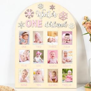 Snowflake One Year Birthday Photo Board Winter Birthday Party Wooden Board Decoration 12 Months Milestone Board Winter Pink Picture Frame Nursery Display Decor for Baby Girl Keepsake Gift Supply