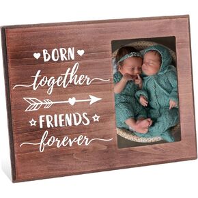 إطار صورة FINGERINSPIRE Born Together Friends Forever مقاس 4 × 6 بوصة إطار صورة طفل مزدوج مع أنماط قلب وسهم معلقة/إطار صورة خشبي على سطح الطاولة إطار هدية مزدوج لديكور حضانة الطفل الجديد
