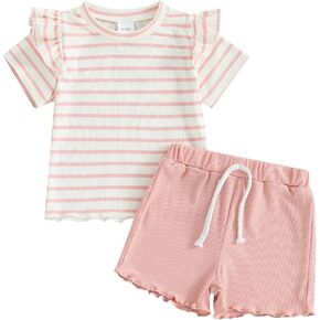 Mandizy Toddler Baby Girl Clothes Summer Ribbed Knit Ruffle Short Sleeve Striped Print T-Shirt Tops Shorts Set Outfit