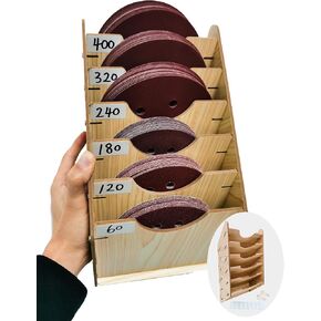 6-Tier Hanging Wooden Sandpaper Storage Holder, Sandpaper Organizer for Sanding Discs 5 Inch 6 Inch, Wall Mount Woodworking Tools Rack(Excluding Sandpaper), Maple Color, 1 Set