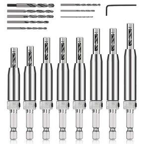 COMOWARE 17pcs VIX Bits Self Centering Drill Bit Set, 1/4" Hex Shank Self Centering Hinge Drill Bit Set for Woodworking Window Door Hinge, Quick Change with 1 Hex Key & 8 Drill Bits 5/64-1/4"