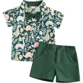 Toddler Baby Boy Clothes Shorts Set Dinosaur Print Shirt Short Sleeve Button Down Top Solid Shorts Summer Outfit