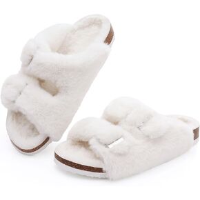 KIDMI Fuzzy Slippers Women with Cork Footbed Fluffy Slides Open Toe Indoor House Shoes | Arch Support | Adjustable Buckles