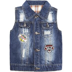 KIDSCOOL SPACE Girl Denim Vest, Round Collared Lace Sleeveless Jeans Tops