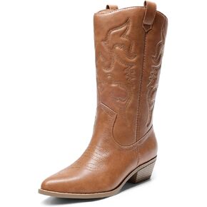 DREAM PAIRS Women's Cowboy Boots Pull On Cowgirl Boots Mid Calf Western Boots