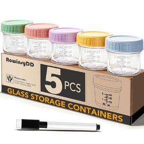 5 Pack Glass Baby Food Storage Containers, 4 oz Leakproof Baby Food Jars with Lids, Small Glass Food Containers for Infant Baby Food, Freezer & Microwave Safe, BPA Free