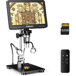 TOMLOV DM9 Pro 7" HDMI Digital Microscope 1200X with IPS Screen, 16MP Coin Microscope Magnifier for Entire Coin View, 1080P LCD Soldering Microscope for Adult with 10 LED Lights, PC/TV View, 32GB