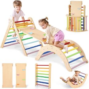7 in 1 Wood Pikler Triangle Set, Foldable Toddler Climbing Toys Indoor, Montessori Climbing Set with Ramp, Arch & Climbing Triangle, Baby Climbing Gym, Indoor Playground for Kids - Rainbow