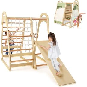 INFANS Indoor Jungle Gym, 8 in 1 Kids Montessori Indoor Playground Climbing Playset for Toddlers with Slide Swing Net Monkey Bars Rope Ladder, Wood Climber Toys for Boys Girls