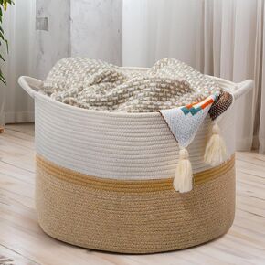Large Woven Cotton Rope Storage Basket with Handles, Versatile Laundry Hamper & Blanket Storage, Stylish Round Design for Toys, Pillows, and Home Décor in Living Room, Bedroom & Laundry Room，20"x13"