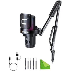 comica EJoy Uni A USB Microphone for Computer and Smartphone,RGB Cardioid Condenser Gaming Mic for Podcasting,Streaming,Recording,Music Creation,with Boom Arm Stand-White