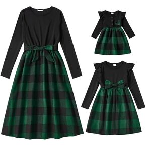 AWIBMK Mommy and Me Christmas Dresses Green Red Plaid Dress Fall Winter Xmas Holiday Mom Daughter Matching outfits