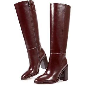 ISNOM Knee High Boots Women Almond Toe Chunky Boots for Women Tall Boots with Full Side Zipper High Heel Long Boots