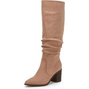 Huiyuzhi Womens Pointed Toe Mid Chunky Heel Side Zipper Knee High Boots Tall Booties