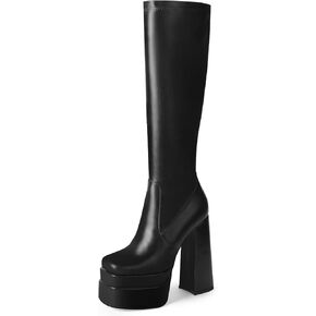 wetkiss Stacked Platform Knee High Boots for Women With High Chunky Heel, Gogo Boots for Women with Square Toe Side Zipper Stretch Boot