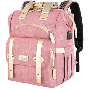 Jiefeike Diaper Bag Backpack, Pink Baby Girls Diaper Bag for Mom, Travel Baby Bags Backpack for Women, Insulated Pockets Portable toddler diaper bag with USB Charging Port, RFID Anti-Theft Pocket