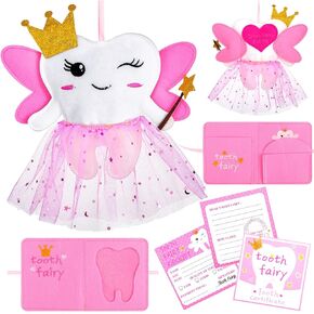 Tooth Pillow Kit for Girls Teeth Gifts Pillow with Pocket Including Lost Teeth Holder Cute Dear Tooth Notepad Felt Keepsake Wallet Pouch to Hold Card Photography for Kids (Pink)