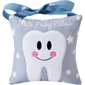 Tooth Fairy Pillow with Pocket for Kids Tooth Keepsake Pouch Tooth Fairy Bag on Back Toothfairy Gift for Boys and Girls, 6.8 x 6.8 inches (Light Blue)