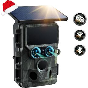 Trail Camera Solar Powered - Dual Lens 60MP 4K 30FPS WiFi Bluetooth Game Camera with Starlight Night Vision, IMX458 Sensors Trail Camera 0.1S Trigger IP66 Waterproof for Outdoor Wildlife Monitoring