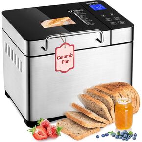 KEEPEEZ Bread Maker Machine, 2LB Premium Stainless Steel Bread Maker, 17-in-1 with Gluten Free, Jam, Yogurt, Dough, Auto Nut Dispenser, Ceramic Pan, 1Hour Keep Warm, 3 Crust Shades, 2 Paddles, Recipes
