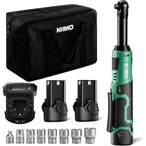KIMO 3/8" Extended Electric Ratchet Wrench Set, 40 Ft-Lbs 400 Rpm 12V Cordless Ratchet Wrench w/ 2-Pack 2.0 Ah Batteries, 1 Hour Fast Charger & 8 Sockets, Power Ratchet w/Variable Speed & LED Light