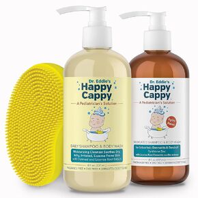 Happy Cappy Medicated and Daily Shampoo and Beanie Brush Bundle - Baby Dandruff Shampoo, Cradle Cap Brush, Cradle Cap and Seborrheic Dermatitis Treatment for Kids, Toddlers, Fragrance-Free - 3 Pieces