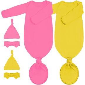 2Pack Newborn Baby Knotted Gown, Super Soft Modal Infant Long Sleeve Sleeper with Hat and Headband Set