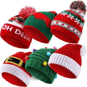 Vicenpal 6 Pcs Christmas Knitted Hat Xmas Beanie Hat Bulk Crochet Knit Cap Set Printed Wool Hat Bulk