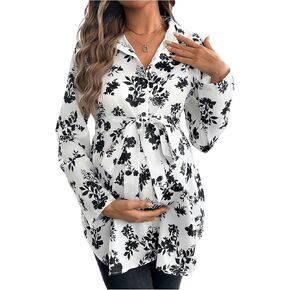 MakeMeChic Women's Maternity Blouse Floral Print Long Sleeve Belted Button Down Shirts Tops
