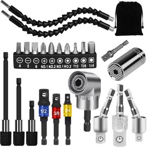FAWAIKTU 24pcs Flexible Drill Bit Extension Set, Hex Shank 105° Right Angle Attachmen, Rotatable Joint Socket 1/4 3/8 1/2 In Adapter Bendable Drill-Bit-Extension Screwdriver Kit (Black)