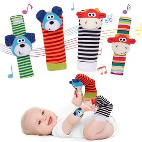 Wrist Rattle Foot Finder Socks Set for Baby Arm Hand Bracelet Rattle Feet Leg Ankle Socks Newborn Soft Sensory Toys Baby Socks Newborn Rattles Toys Baby Gifts 0-3 6-12 Months Infant Girl Boy