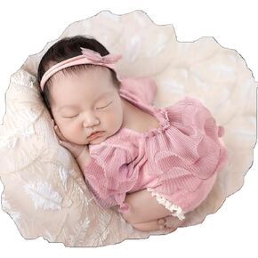 Ylsteed Newborn Photography Outfits Girl Newborn Photography Props Lace Romper with Headband Newborn Infant Photo Shoot Outfits Girls Photo Props Newborn Girl Photoshoot Outfits-Ruffles Beige