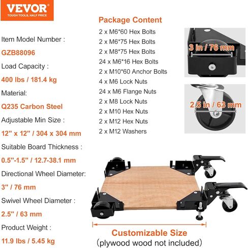 VEVOR Mobile Base, 400 lbs Weight Capacity, Adjustable from 12" x 12" to Infinity, Heavy Duty Universal Mobile Base Stand with Swivel Wheels, for Woodworking Equipment, Bandsaw, Power Tools, Machines in Saudi Arabia